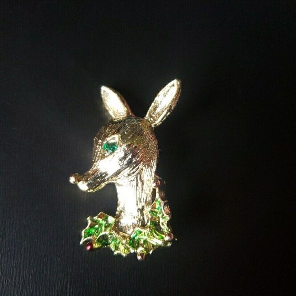 Vintage Reindeer Head Silver tone Brooch Holy Green rhinestone eye